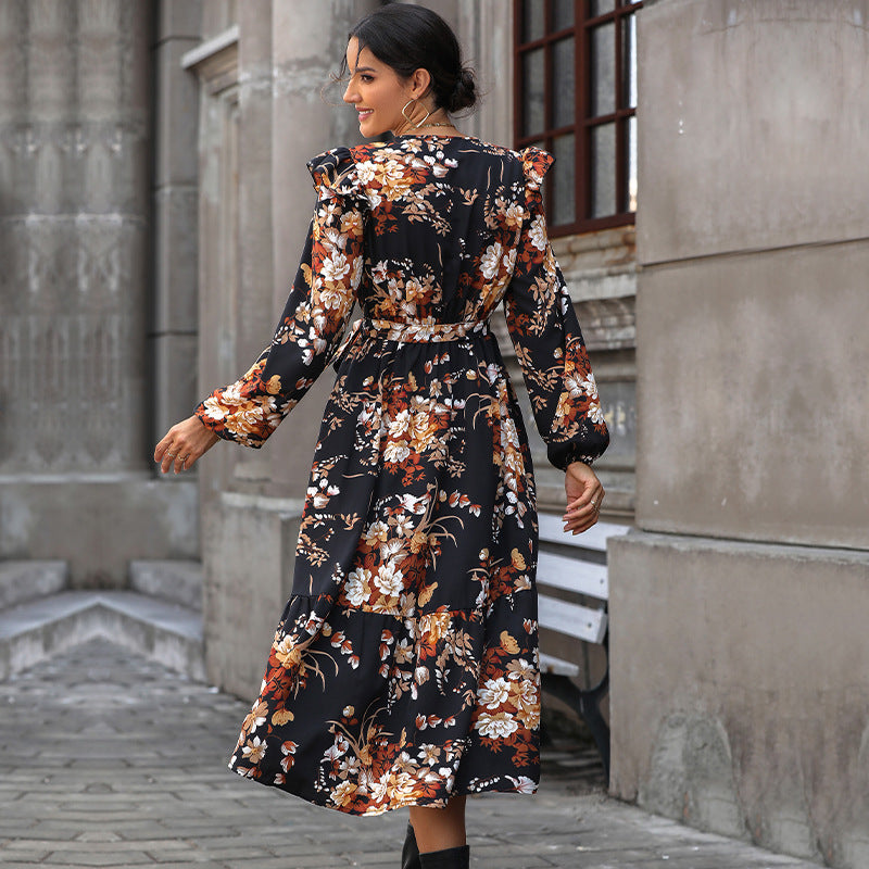 Floral Print Midi Dress with V-Neck and Ruffles