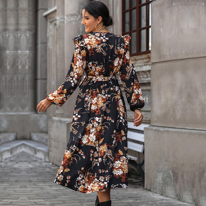 Floral Print Midi Dress with V-Neck and Ruffles