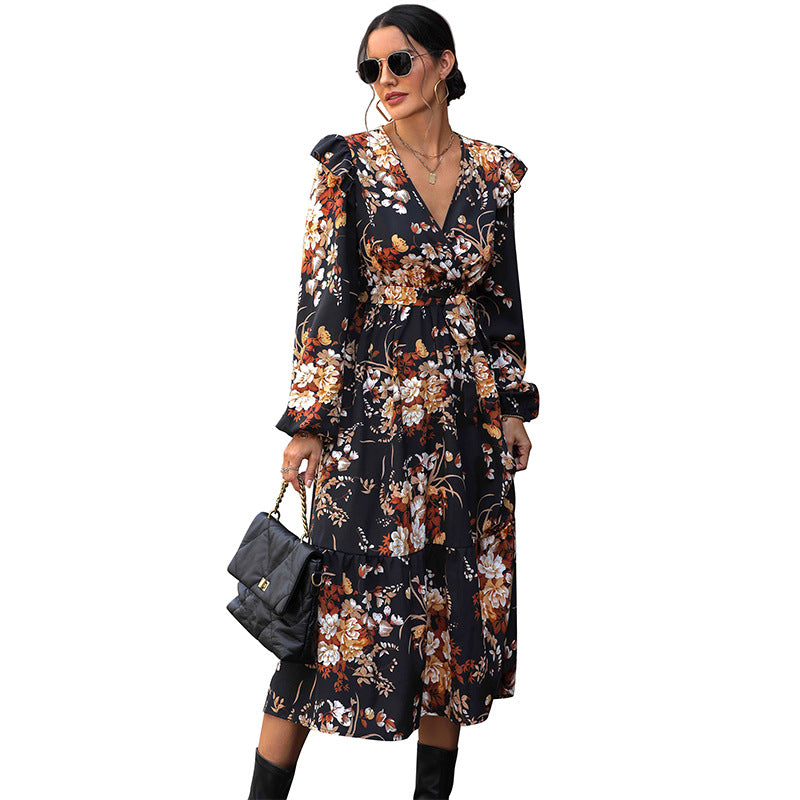 Floral Print Midi Dress with V-Neck and Ruffles
