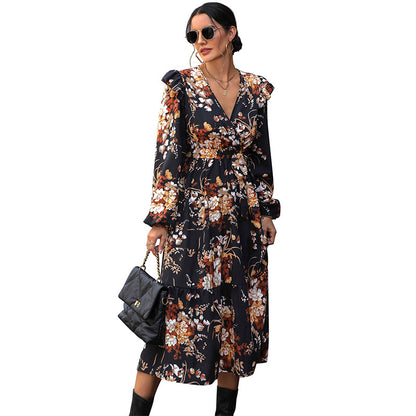 Floral Print Midi Dress with V-Neck and Ruffles