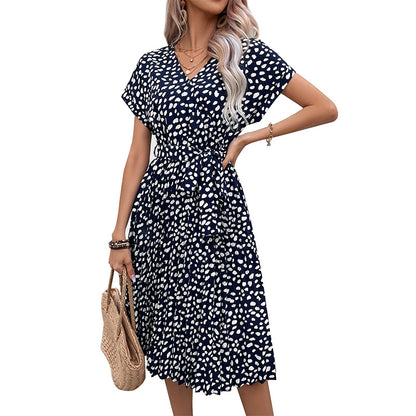 Spotted A-Line Midi Dress with V-Neck and Tie-Waist