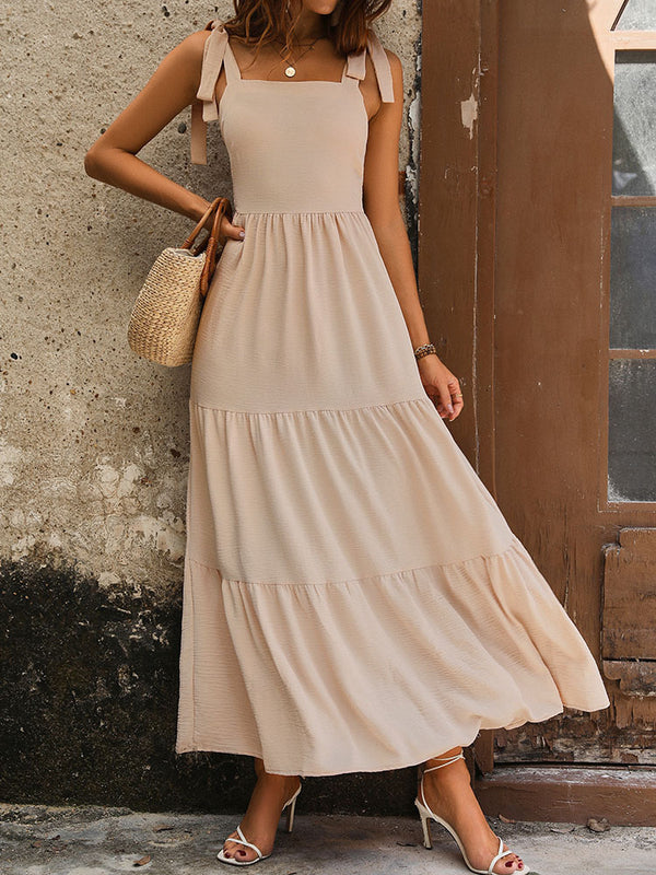 A-Line Solid Maxi Dress with Tie-Shoulder and Tiered Skirt
