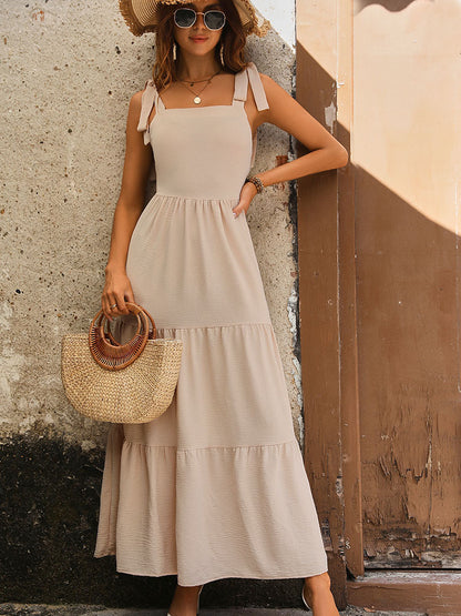 A-Line Solid Maxi Dress with Tie-Shoulder and Tiered Skirt