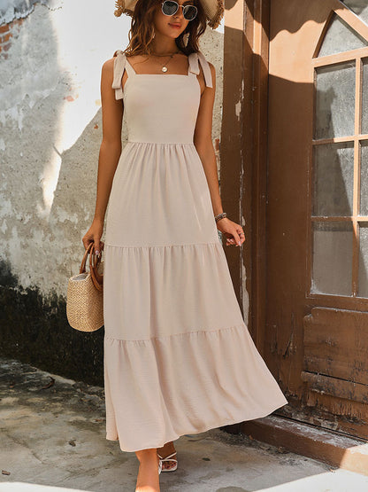A-Line Solid Maxi Dress with Tie-Shoulder and Tiered Skirt