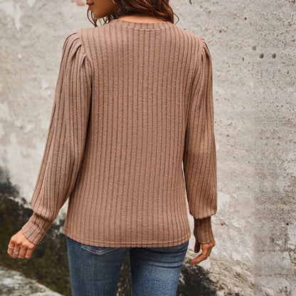 Ribbed Knit Top with Round Neck and Puff Sleeves