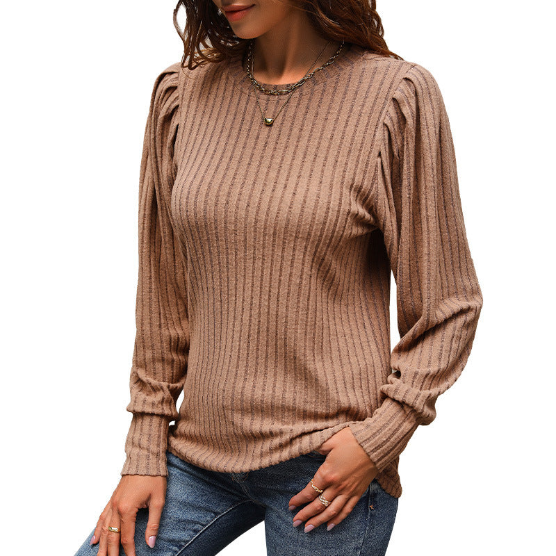 Ribbed Knit Top with Round Neck and Puff Sleeves