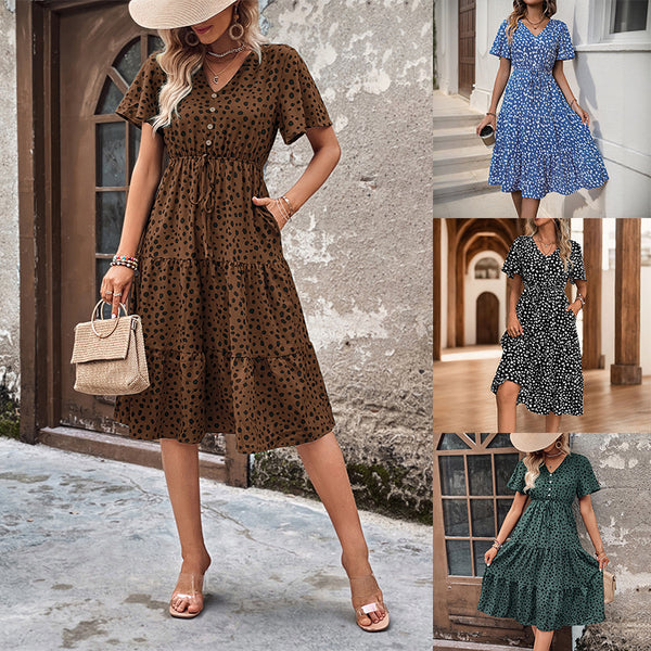 Tiered Leopard Print Midi Dress with V-Neck