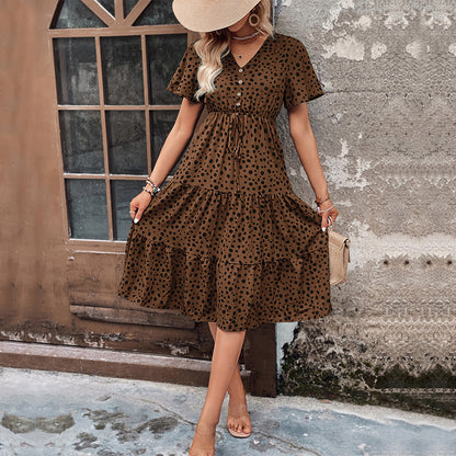 Tiered Leopard Print Midi Dress with V-Neck