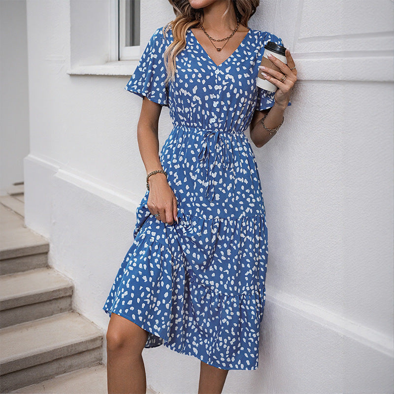 Tiered Leopard Print Midi Dress with V-Neck