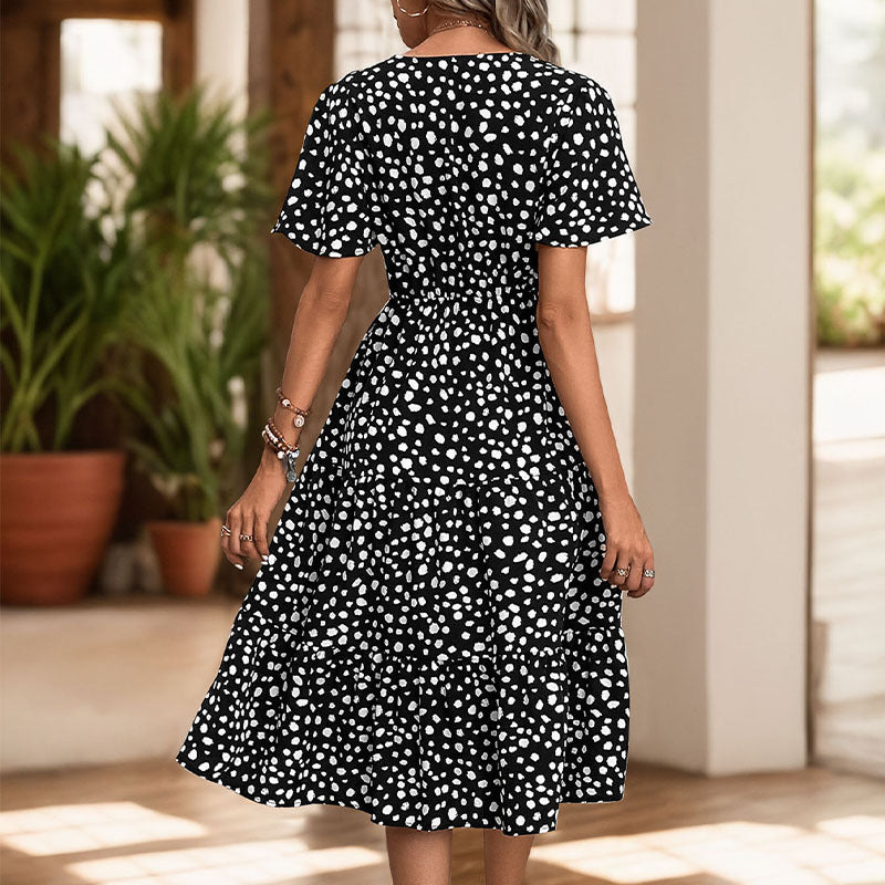 Tiered Leopard Print Midi Dress with V-Neck