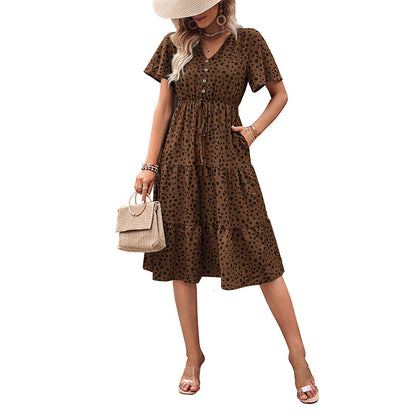 Tiered Leopard Print Midi Dress with V-Neck