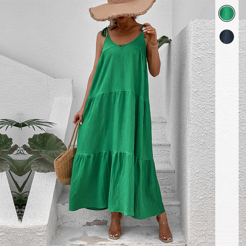 Solid Tiered Maxi Dress with Tie-Shoulder Straps