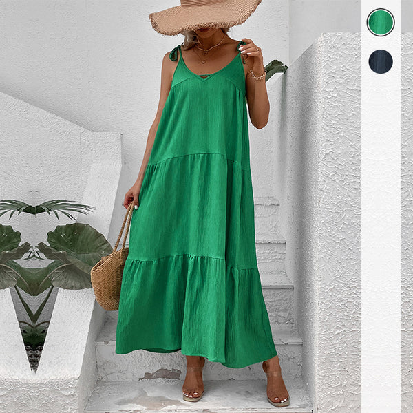 Solid Tiered Maxi Dress with Tie-Shoulder Straps