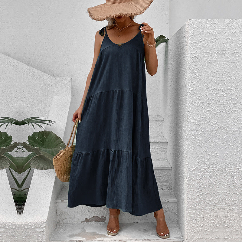 Solid Tiered Maxi Dress with Tie-Shoulder Straps