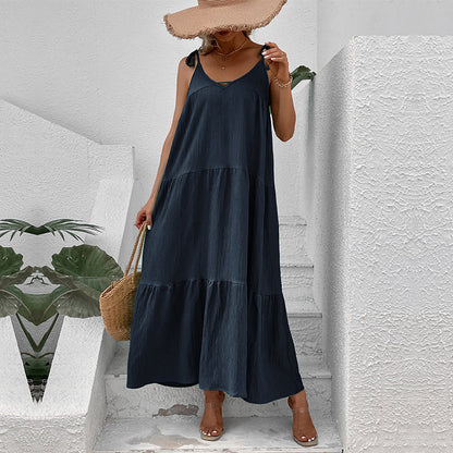 Solid Tiered Maxi Dress with Tie-Shoulder Straps