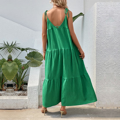 Solid Tiered Maxi Dress with Tie-Shoulder Straps
