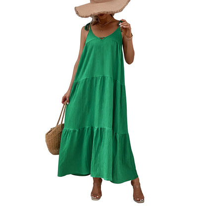 Solid Tiered Maxi Dress with Tie-Shoulder Straps