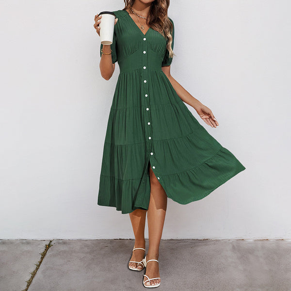 Solid Tiered Midi Dress with V-Neck and Button Front