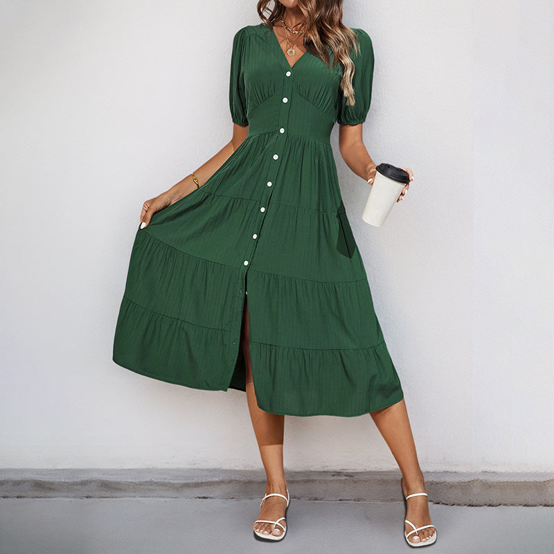 Solid Tiered Midi Dress with V-Neck and Button Front