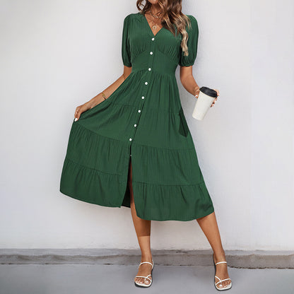 Solid Tiered Midi Dress with V-Neck and Button Front