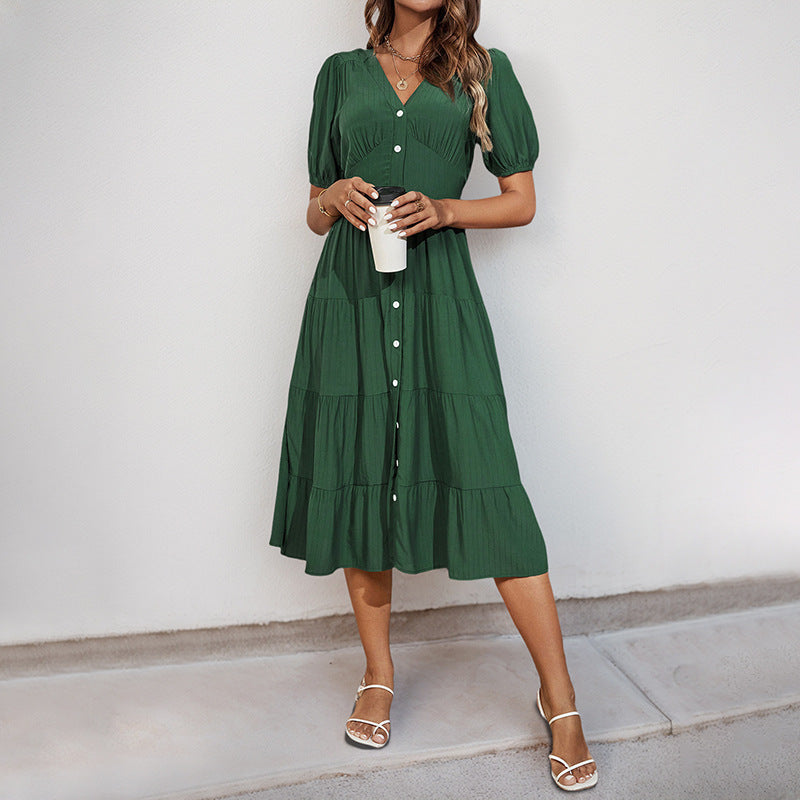 Solid Tiered Midi Dress with V-Neck and Button Front
