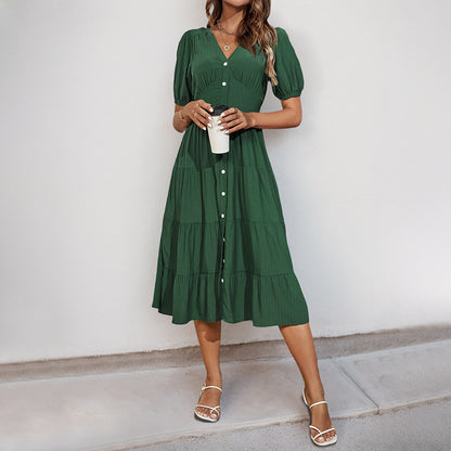 Solid Tiered Midi Dress with V-Neck and Button Front