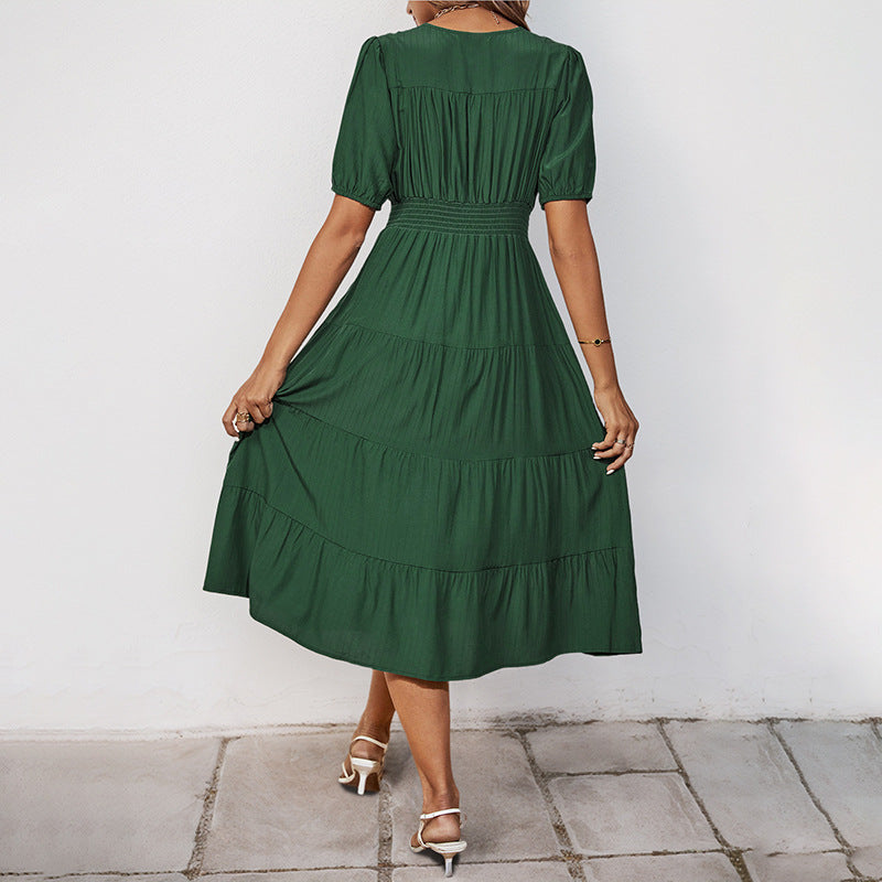 Solid Tiered Midi Dress with V-Neck and Button Front