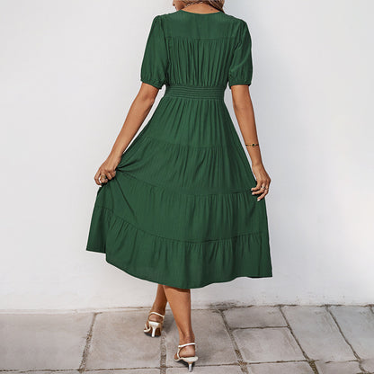 Solid Tiered Midi Dress with V-Neck and Button Front