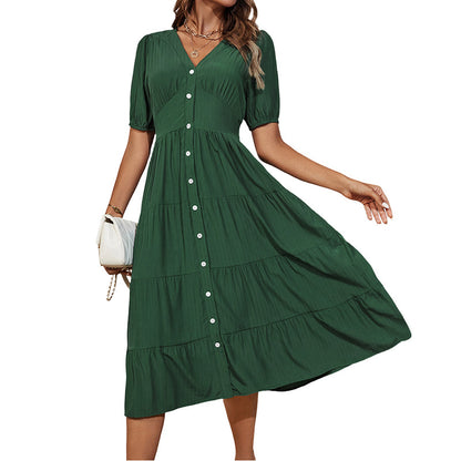 Solid Tiered Midi Dress with V-Neck and Button Front