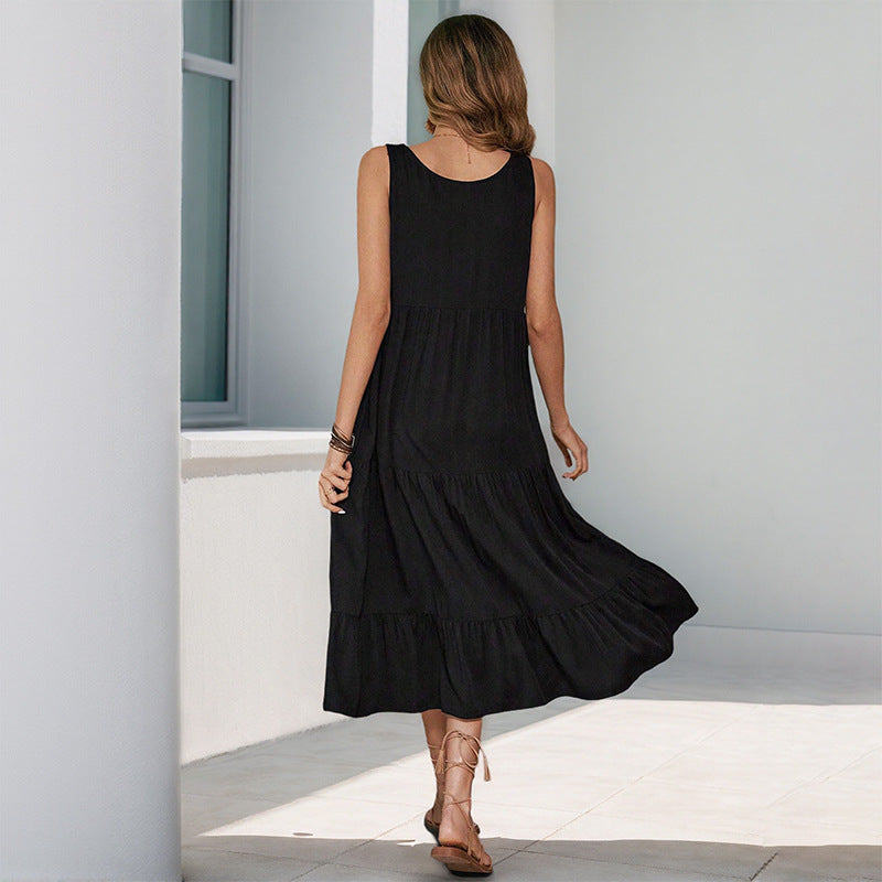 Solid Sleeveless Tiered Midi Dress with Button Front