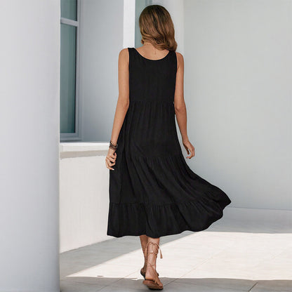 Solid Sleeveless Tiered Midi Dress with Button Front