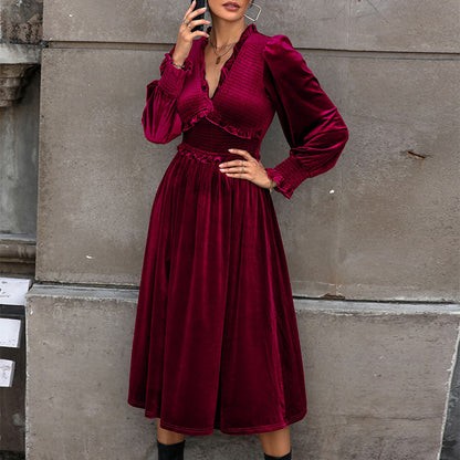 A-Line Velvet Midi Dress with Ruffled V-Neck and Smocked Waist