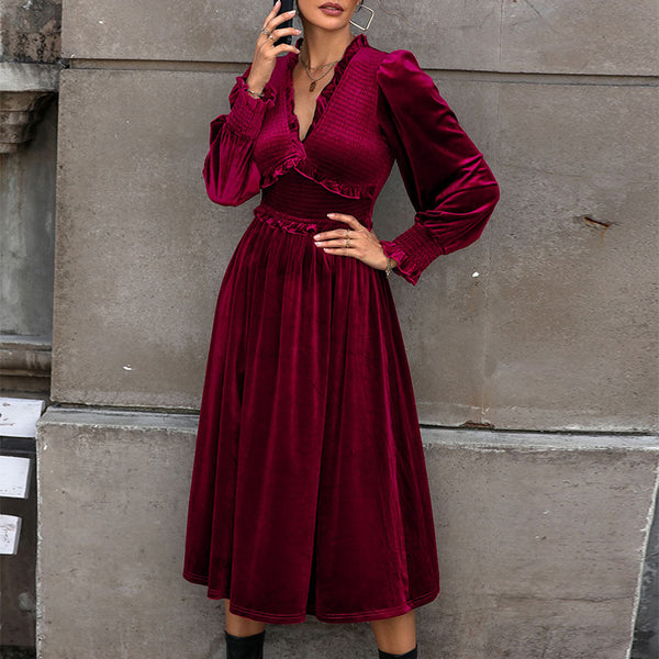 A-Line Velvet Midi Dress with Ruffled V-Neck and Smocked Waist