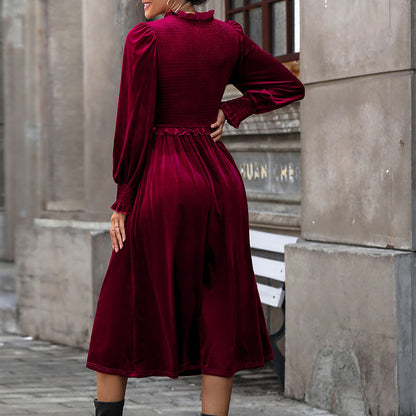 A-Line Velvet Midi Dress with Ruffled V-Neck and Smocked Waist