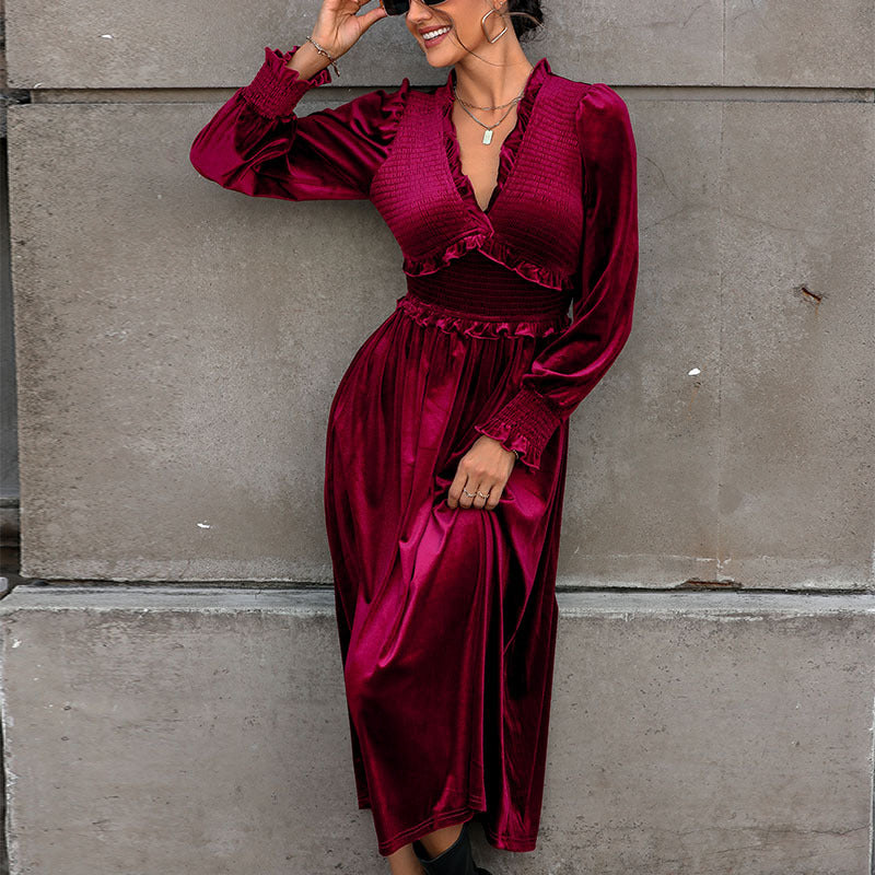 A-Line Velvet Midi Dress with Ruffled V-Neck and Smocked Waist