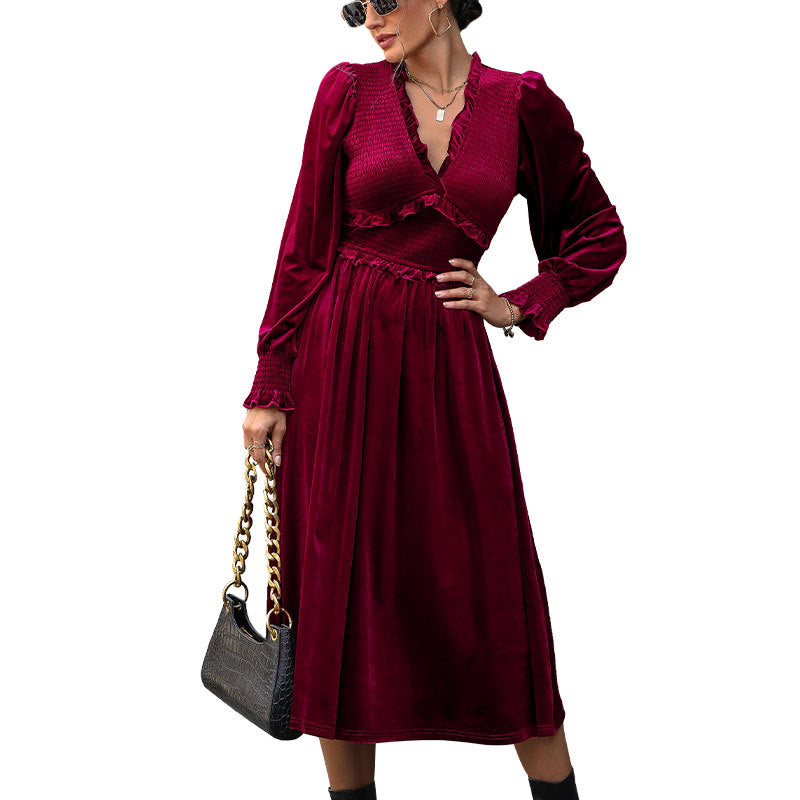 A-Line Velvet Midi Dress with Ruffled V-Neck and Smocked Waist