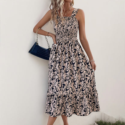 Abstract Print A-Line Midi Dress with Ruched Bodice