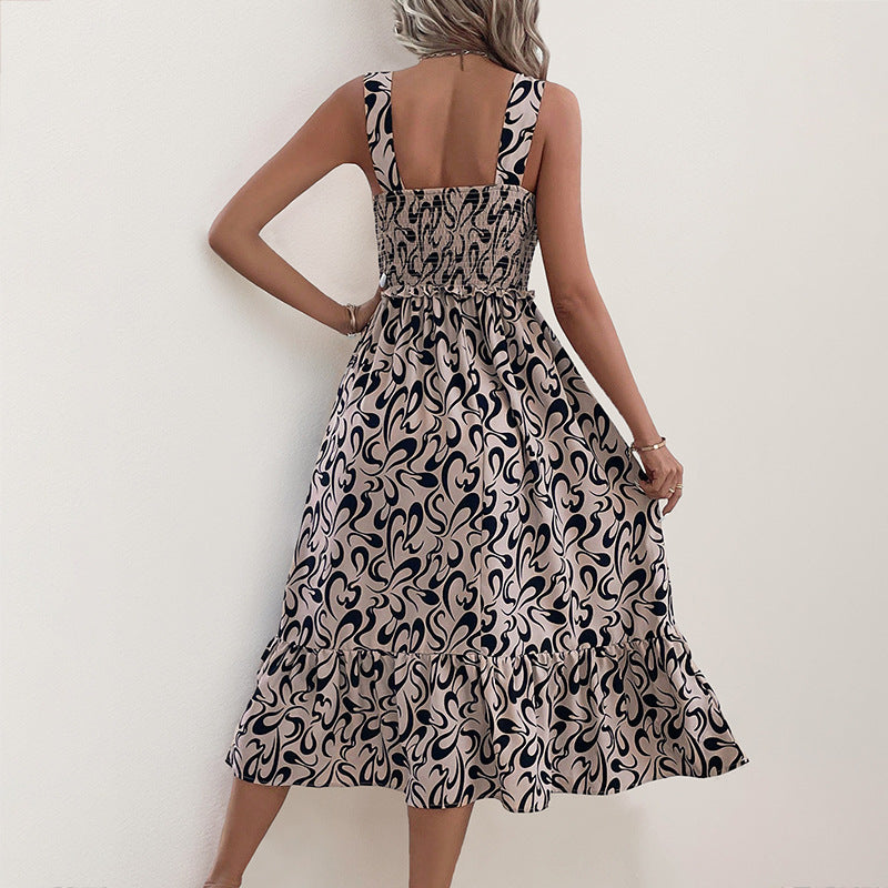 Abstract Print A-Line Midi Dress with Ruched Bodice