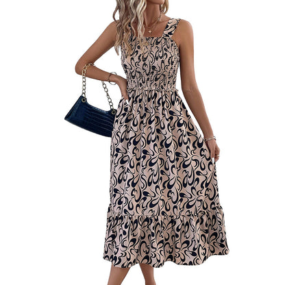 Abstract Print A-Line Midi Dress with Ruched Bodice