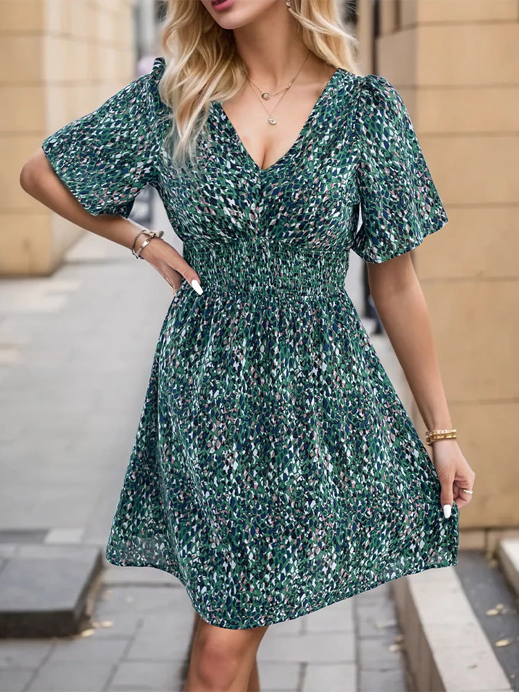 Floral A-Line Midi Dress with V-Neck and Shirred Waist