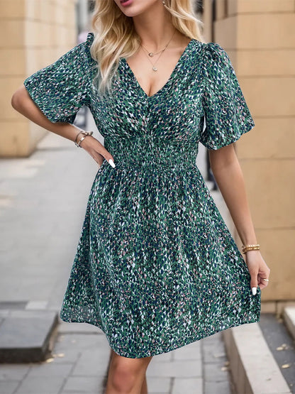 Floral A-Line Midi Dress with V-Neck and Shirred Waist