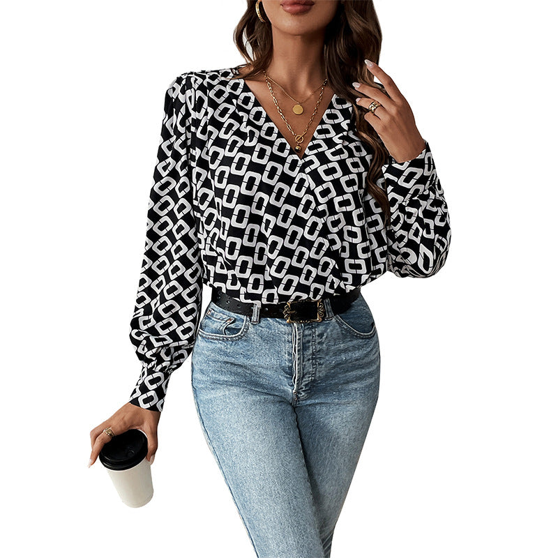 Geometric Print Blouse with V-Neck and Long Sleeves