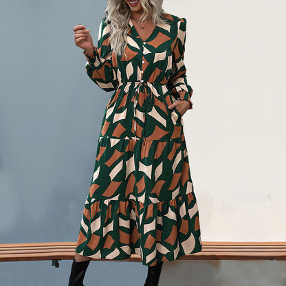 Geometric Print A-Line Midi Dress with V-Neck and Drawstring Waist
