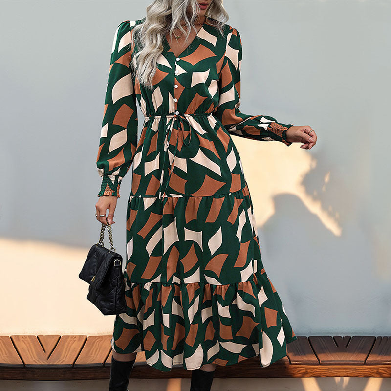 Geometric Print A-Line Midi Dress with V-Neck and Drawstring Waist