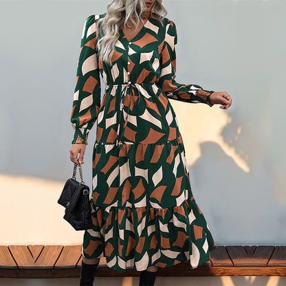 Geometric Print A-Line Midi Dress with V-Neck and Drawstring Waist
