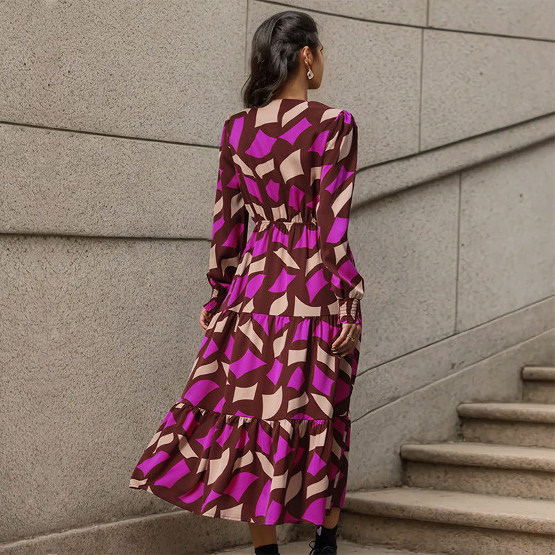 Geometric Print A-Line Midi Dress with V-Neck and Drawstring Waist