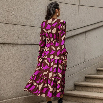 Geometric Print A-Line Midi Dress with V-Neck and Drawstring Waist