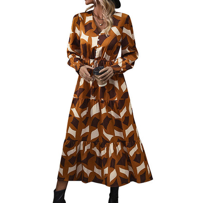 Geometric Print A-Line Midi Dress with V-Neck and Drawstring Waist