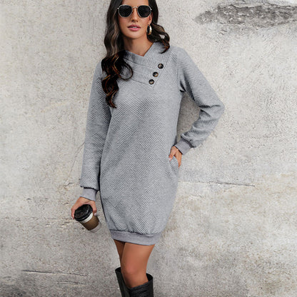 Straight Quilted Sweatshirt Dress with Button V-Neck