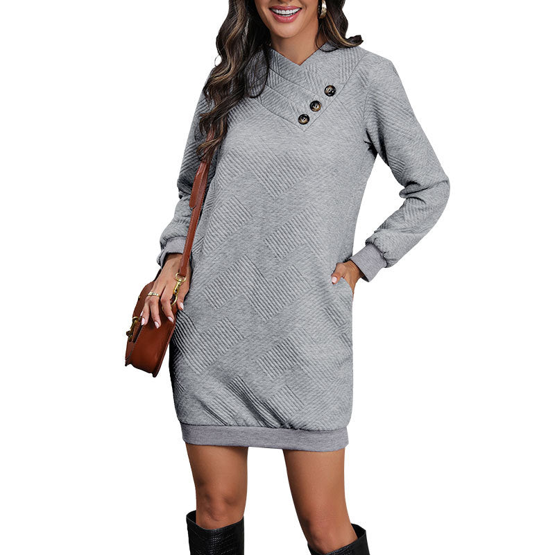 Straight Quilted Sweatshirt Dress with Button V-Neck